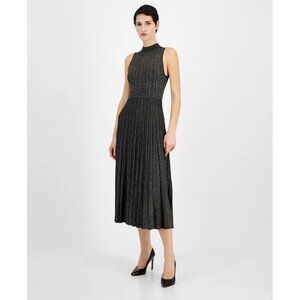 Tahari Metallic Mock-Neck Pleated Fit & Flare Dress Black/Gold Lurex NWT / Sz L